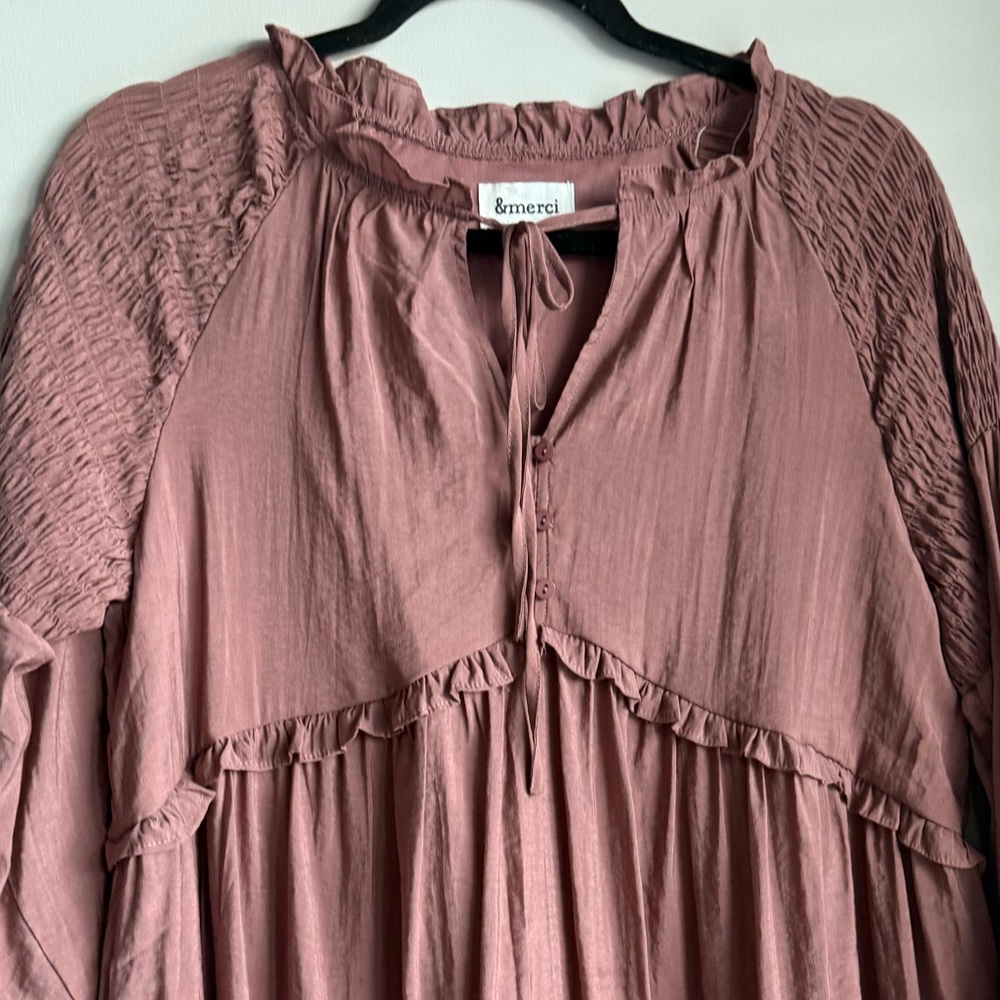 Mauve Romantic Ruffle Dusty Blush Pink Neck Dress By &Merci Size S - Picture 3 of 5